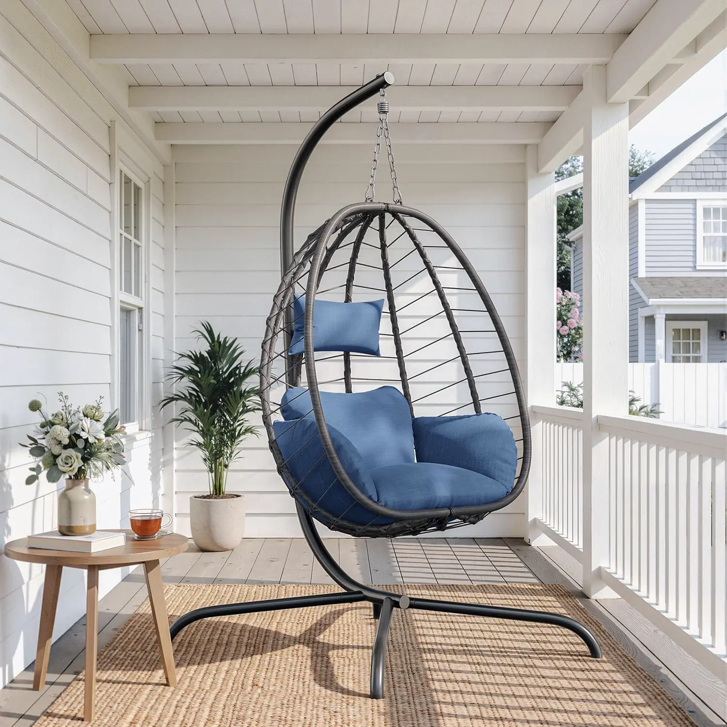 Scaun tip ou pliabil SOLARA din ratan cu suport, balansoar suspendat, imagine 1