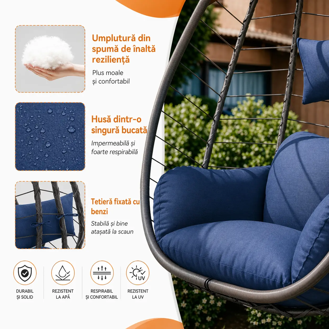 Scaun tip ou pliabil SOLARA din ratan cu suport, balansoar suspendat, imagine 5